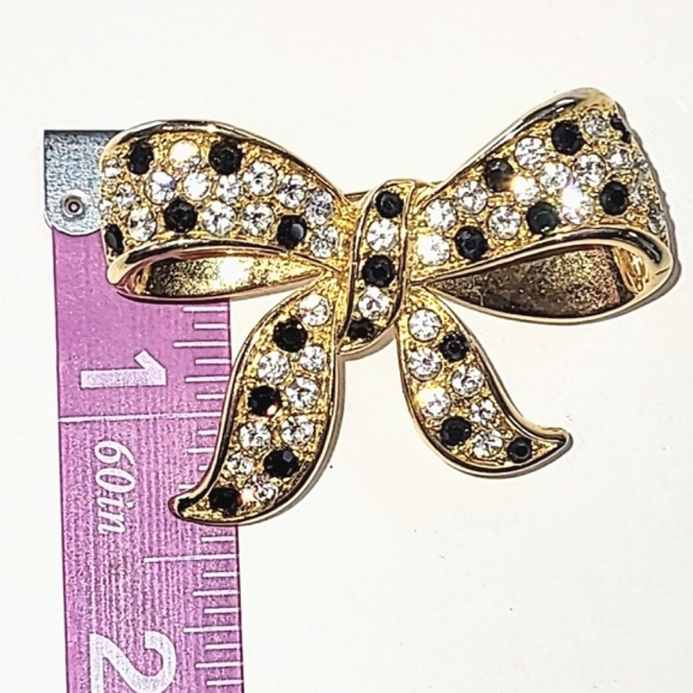 BLACK & CLEAR RHINESTONE BOW PIN BROOCH - Picture 6 of 7